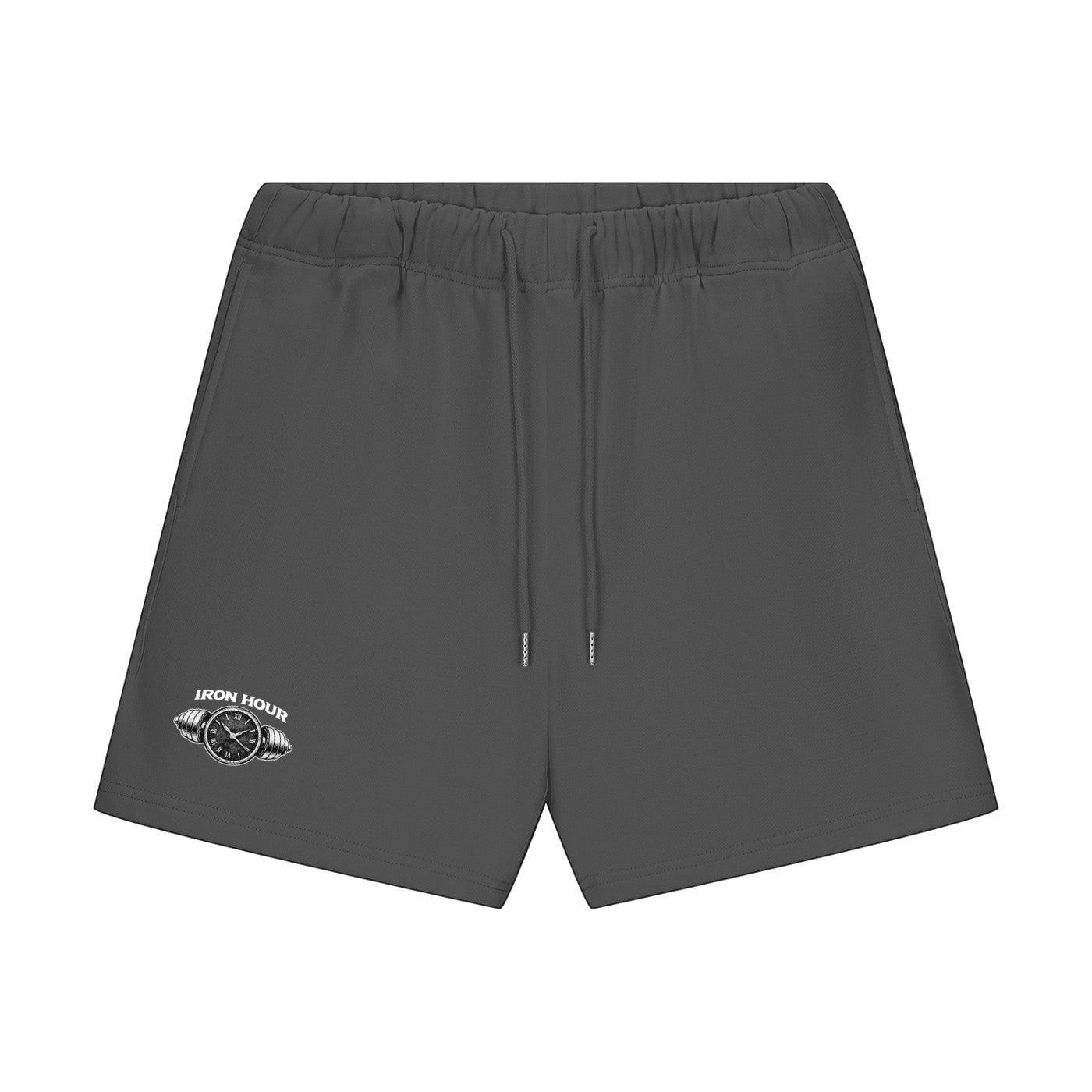 Iron Hour charcoal grey unisex heavyweight fleece shorts with drawstring and logo detail.