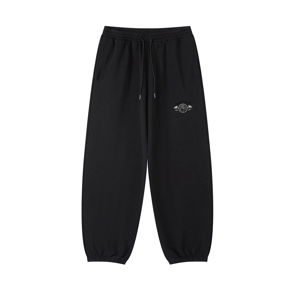 Iron Hour black cotton blend joggers with drawstring elastic waist and subtle logo detail. Casual, sporty, and comfortable for daily wear.
