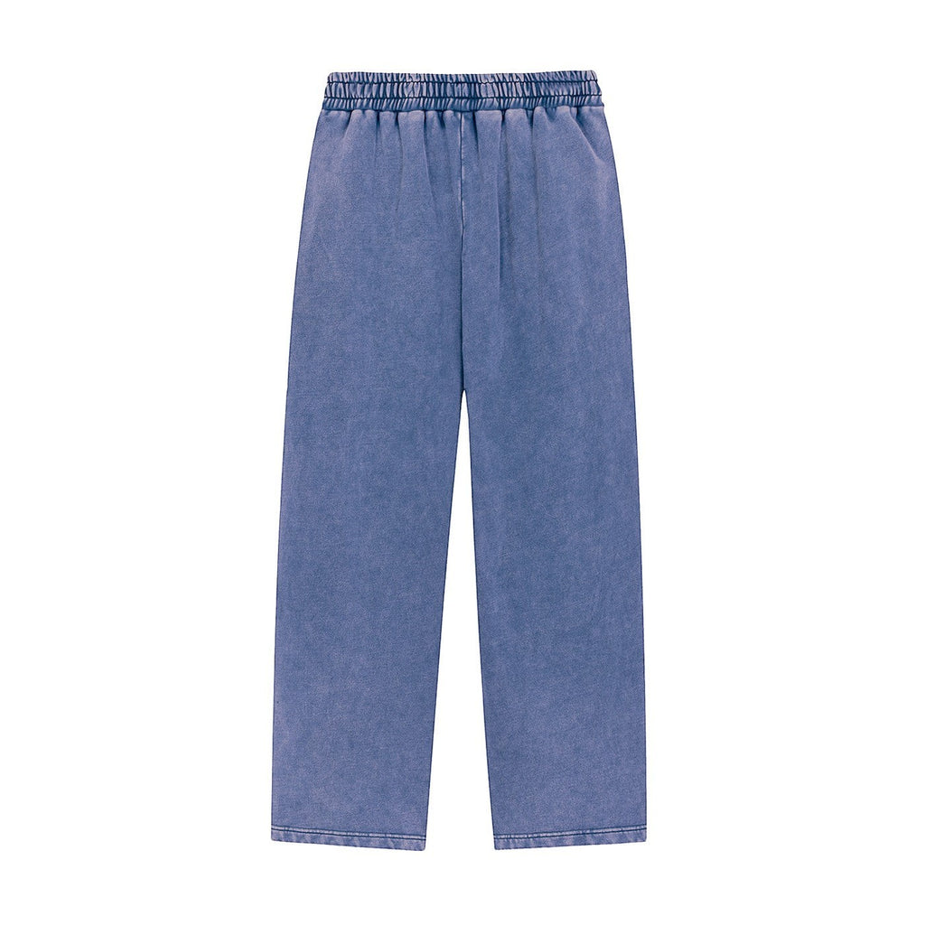 Iron Hour blue washed cotton sweatpants with a loose fit and drawstring waist. Casual, sporty style for everyday wear.