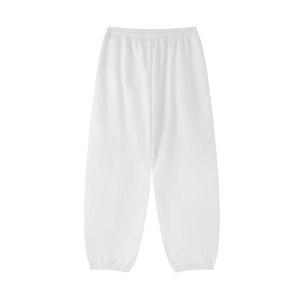 Iron Hour white cotton blend jogger sweatpants with elastic waistband and drawstring, cuffed ankles.